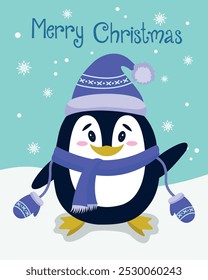 A winter postcard with a penguin. A cute penguin in a hat and scarf waves his paw and the inscription merry christmas. Christmas vector illustration. The mascot. Vector New Year's card.
