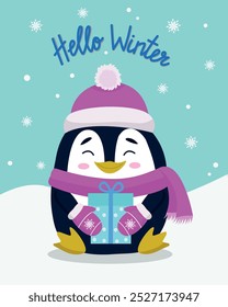 A winter postcard with a penguin and a gift. A cute penguin in a hat and scarf with a gift. Christmas vector illustration. The mascot. Vector New Year's card.