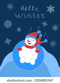 Winter postcard with a picture of a snowman riding down a doodle-style slide