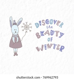 Winter postcard with quote and phrase. Hand drawn lettering with decorative elements. Scandinavian style. Nursery art.