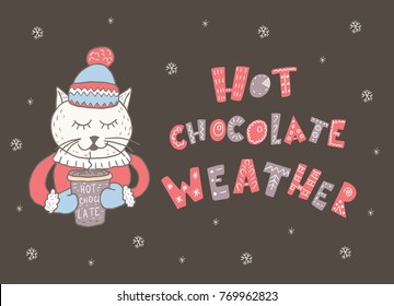 Winter postcard with quote and phrase. Hand drawn lettering with decorative elements. Scandinavian style. Nursery art.