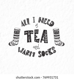Winter postcard with quotes and phrases. Hand drawn lettering with decorative elements. Scandinavian style. Nursery art.