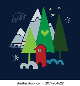 Winter postcard with red house, mountain, snowdrifts, snowflakes on dark backgraund. Vector illustration.