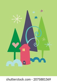 Winter postcard with red house, trees, snowdrifts, snowflakes and stars on dark backgraund. Vector illustration.