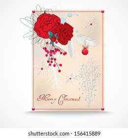 Winter postcard with  red roses and berries
