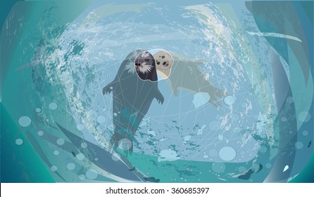 Winter postcard, sea calf. Realistic seal with baby. View from the water. Vector illustration