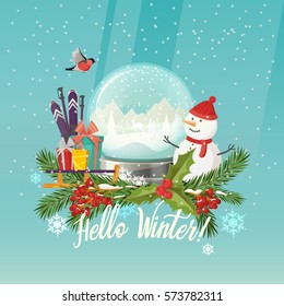 Winter postcard with snow globe or snowstorm, snowdome with falling snow, gift or presents on sledge or sled, sleigh, bullfinch bird and rowanberry, fir-tree branches, ski and poles or sticks,snowman