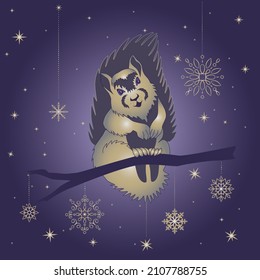winter postcard. squirrel on purple background. snowy winter
