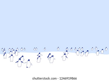 Winter postcard template. Bunch of penguins on the snow at the bottom. Place for your text at the top. Vector illustration.