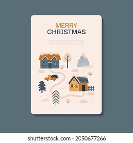 Postal de invierno. Ilustración vectorial con casas acogedoras, árboles, montaña, arbustos, abetos, auto. Navidad. Aldea del norte. Ilustración dibujada a mano. Estilo escandinavo.