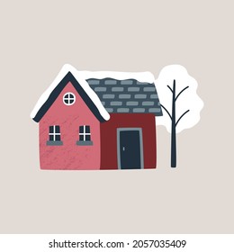 Postal de invierno. Ilustración vectorial con casa y árbol acogedores. Navidad. Ilustración dibujada a mano. Estilo escandinavo.