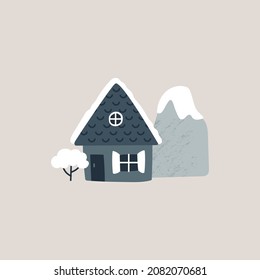 Winter postcard. Vector illustration with cozy house, snowdrift, shrub, mountain. Christmas holidays. Hand drawn illustration. Scandinavian style.