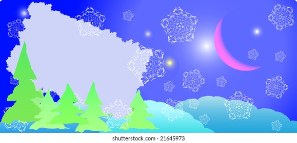 winter postcard - xmas night with white snowflakes and old moon