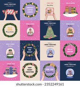 Winter postcards collection. Cute greeting cards with winter town, present, snow globe, and wreath. New Year decor. Modern flat style. Vector.
