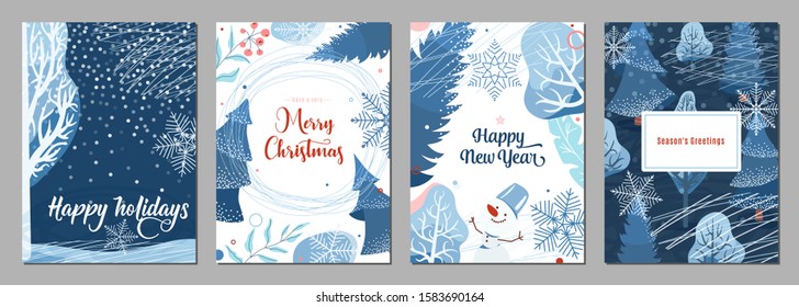 Winter poster background. Season holiday greetings set with snow, fir tree, berry, snowflakes, snowman and other graphic design elements. Creative modern flat christmas and new year celebration card.