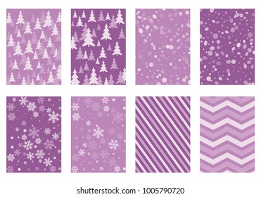 Winter poster backgrounds with fir tree forest, circle and snowflakes isolated confetti explosion, halftone stripes. Flyer, banner, poster, card backgrounds, winter elements in violet color.