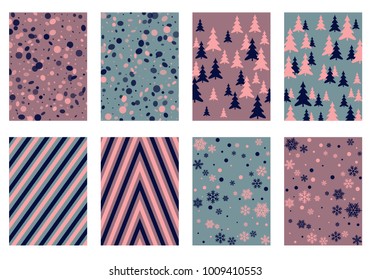 Winter poster backgrounds with fir tree forest, circle and snowflakes isolated confetti explosion, halftone stripes. Flyer, banner, poster, card backgrounds, winter elements in blue and pink.