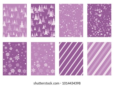 Winter poster backgrounds with fir tree forest, circle and snowflakes isolated confetti explosion, halftone stripes. Flyer, banner, poster, card backgrounds, winter elements in violet color.