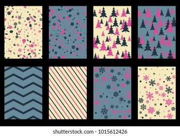 Winter poster backgrounds with fir tree forest, circle and snowflakes isolated confetti explosion, halftone stripes. Flyer, banner, poster, card backgrounds, winter elements in blue, pink, magenta.