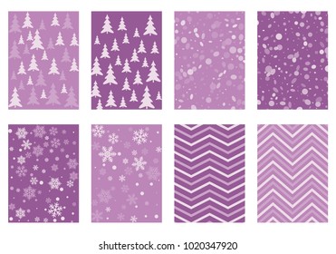Winter poster backgrounds with fir tree forest, circle and snowflakes isolated confetti explosion, halftone stripes. Flyer, banner, poster, card backgrounds, winter elements in violet color.