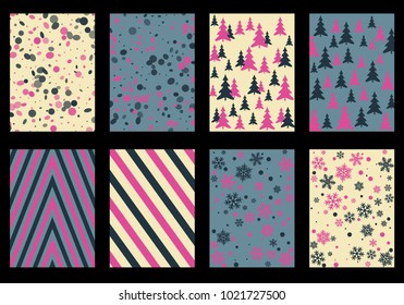 Winter poster backgrounds with fir tree forest, circle and snowflakes isolated confetti explosion, halftone stripes. Flyer, banner, poster, card backgrounds, winter elements in blue, pink, magenta.