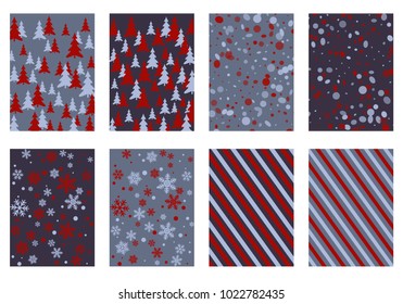 Winter poster backgrounds with fir tree forest, circle and snowflakes isolated confetti explosion, halftone stripes. Flyer, banner, poster, card backgrounds, winter elements in cherry and grey.