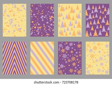 Winter poster backgrounds with fir tree forest, circle and snowflakes isolated confetti explosion, halftone stripes. Flyer, banner, poster, card backgrounds, winter elements, violet, orange, yellow.
