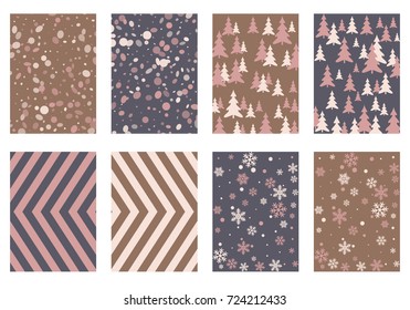 Winter poster backgrounds with fir tree forest, circle and snowflakes isolated confetti explosion, halftone stripes. Flyer, banner, poster, card backgrounds, winter elements.
