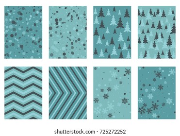 Winter poster backgrounds with fir tree forest, circle and snowflakes isolated confetti explosion, halftone stripes. Flyer, banner, poster, card backgrounds, winter elements in blue, turquoise, grey.