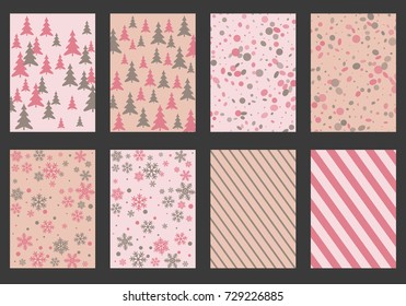 Winter poster backgrounds with fir tree forest, circle and snowflakes isolated confetti explosion, halftone stripes. Flyer, banner, poster, card backgrounds, winter elements in pink and grey.