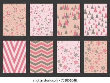 Winter poster backgrounds with fir tree forest, circle and snowflakes isolated confetti explosion, halftone stripes. Flyer, banner, poster, card backgrounds, winter elements in pink and grey.