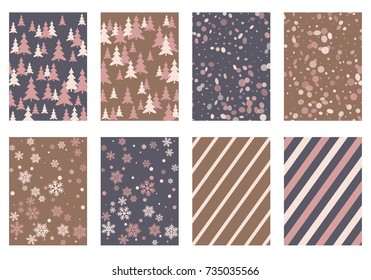Winter poster backgrounds with fir tree forest, circle and snowflakes isolated confetti explosion, halftone stripes. Flyer, banner, poster, card backgrounds, winter elements.