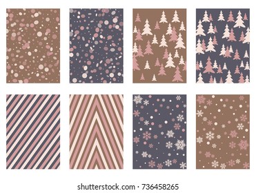 Winter poster backgrounds with fir tree forest, circle and snowflakes isolated confetti explosion, halftone stripes. Flyer, banner, poster, card backgrounds, winter elements.