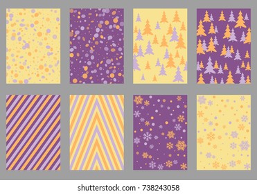 Winter poster backgrounds with fir tree forest, circle and snowflakes isolated confetti explosion, halftone stripes. Flyer, banner, poster, card backgrounds, winter elements, violet, orange, yellow.