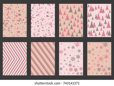 Winter poster backgrounds with fir tree forest, circle and snowflakes isolated confetti explosion, halftone stripes. Flyer, banner, poster, card backgrounds, winter elements in pink and grey.