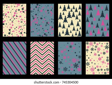 Winter poster backgrounds with fir tree forest, circle and snowflakes isolated confetti explosion, halftone stripes. Flyer, banner, poster, card backgrounds, winter elements in blue, pink, magenta.