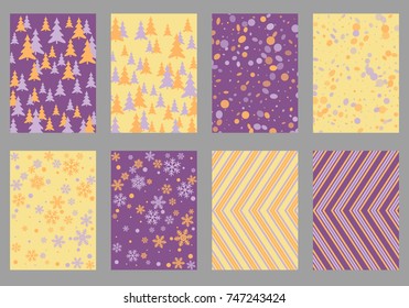 Winter poster backgrounds with fir tree forest, circle and snowflakes isolated confetti explosion, halftone stripes. Flyer, banner, poster, card backgrounds, winter elements, violet, orange, yellow.