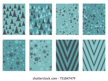 Winter poster backgrounds with fir tree forest, circle and snowflakes isolated confetti explosion, halftone stripes. Flyer, banner, poster, card backgrounds, winter elements in blue, turquoise, grey.