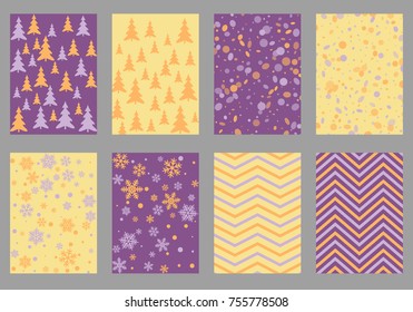Winter poster backgrounds with fir tree forest, circle and snowflakes isolated confetti explosion, halftone stripes. Flyer, banner, poster, card backgrounds, winter elements, violet, orange, yellow.