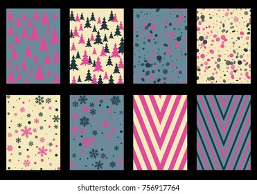 Winter poster backgrounds with fir tree forest, circle and snowflakes isolated confetti explosion, halftone stripes. Flyer, banner, poster, card backgrounds, winter elements in blue, pink, magenta.