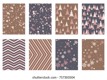 Winter poster backgrounds with fir tree forest, circle and snowflakes isolated confetti explosion, halftone stripes. Flyer, banner, poster, card backgrounds, winter elements.