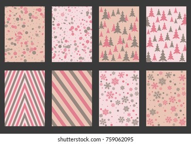 Winter poster backgrounds with fir tree forest, circle and snowflakes isolated confetti explosion, halftone stripes. Flyer, banner, poster, card backgrounds, winter elements in pink and grey.