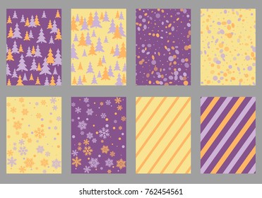 Winter poster backgrounds with fir tree forest, circle and snowflakes isolated confetti explosion, halftone stripes. Flyer, banner, poster, card backgrounds, winter elements, violet, orange, yellow.