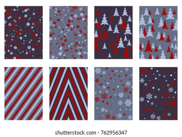Winter poster backgrounds with fir tree forest, circle and snowflakes isolated confetti explosion, halftone stripes. Flyer, banner, poster, card backgrounds, winter elements in cherry and grey.