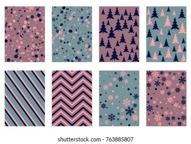 Winter poster backgrounds with fir tree forest, circle and snowflakes isolated confetti explosion, halftone stripes. Flyer, banner, poster, card backgrounds, winter elements in blue and pink.