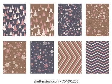 Winter poster backgrounds with fir tree forest, circle and snowflakes isolated confetti explosion, halftone stripes. Flyer, banner, poster, card backgrounds, winter elements.