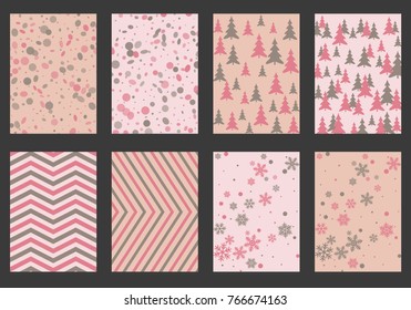 Winter poster backgrounds with fir tree forest, circle and snowflakes isolated confetti explosion, halftone stripes. Flyer, banner, poster, card backgrounds, winter elements in pink and grey.