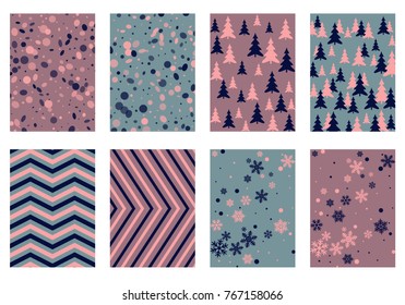 Winter poster backgrounds with fir tree forest, circle and snowflakes isolated confetti explosion, halftone stripes. Flyer, banner, poster, card backgrounds, winter elements in blue and pink.