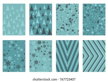 Winter poster backgrounds with fir tree forest, circle and snowflakes isolated confetti explosion, halftone stripes. Flyer, banner, poster, card backgrounds, winter elements in blue, turquoise, grey.