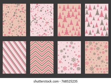 Winter poster backgrounds with fir tree forest, circle and snowflakes isolated confetti explosion, halftone stripes. Flyer, banner, poster, card backgrounds, winter elements in pink and grey.